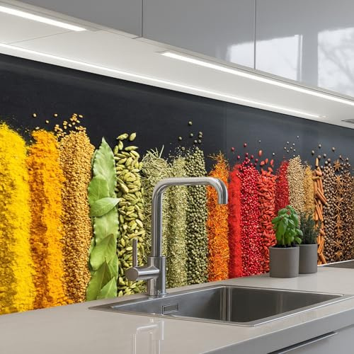 KitchenYeah© Küchenrückwand Selbstklebende Kitchen Wall Protector Küchen | 80x150 cm - Rückenwand Küchenfronten Küchenrückwände Küche Wand Gewürze - Kräuter - Streifen - Regenbogen