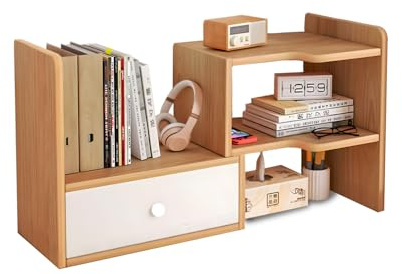 Wintem - Organizer Porta Libri da Scrivania Salvaspazio in Legno con 5 Scomparti e 1 Cassetto Estensibile, Libreria da Scrivania, Design Modulabile Facile da Montare e Resistente