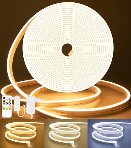Lamomo LED Streifen 10m, Neon LED Strip Dimmbar Weiß 3000K-6000K, Wasserdicht Flexibel 24V Silikon Neon Lichtband mit Fernbedienung für Innen Heim Küche Deko
