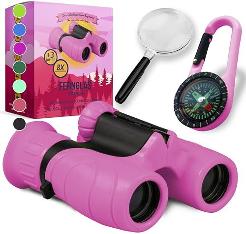 Fernglas für Kinder - Geschenk für kleine Jungen und Mädchen zu Weihnachten - Starke Vergrößerung 8X21 – Großes Set inkl. Lupe & Kompass – Spielzeug für 3-12 Jahre
