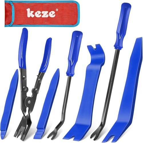 Keze Kit 7 Outils démontage Garniture et Pince à Clips, Bleu | Pour retirer clips, panneaux de porte, autoradio et garnitures intérieures sans rayer les surfaces ni abîmer les fixations.