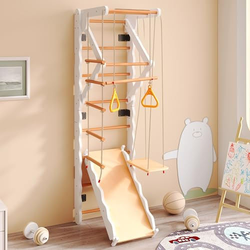 kiximay Klettergerüst 6-in-1 Indoor, Sprossenwand mit Rutsche & Schaukel für Kinder: Buchenholz Kletterturm (199cm) bis 50kg, EN71 Geprüft für Kinderzimmer ab 3 Jahren