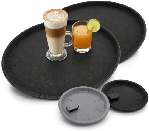 Bandejas de Camarero Antideslizantes Negras 45 cm – Pack Completo | Incluye 2 bandejas redondas + 2 platillos de cambio. Ideales para bares, restaurantes y cocina. Aptas para lavavajillas.