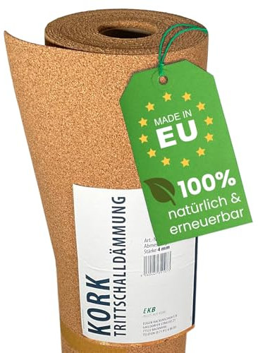 EKB-Kork Trittschalldämmung 10x1m 4mm stark I natürliche Dämmunterlage I Rollenkork für Parkett & Laminat I Trittschallreduktion aus nachwachsendem Korkmaterial I Umweltfreundliche Trittschalldämmung