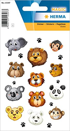 HERMA 15397 Aufkleber Tiergesichter klein, 20 Stück, Tiere Sticker mit Löwe Tiger Koala Affe Panda Bär Elefant Biber Motiv, Kinder Etiketten für Fotoalbum Tagebuch Scrapbooking Geburtstag Deko Basteln