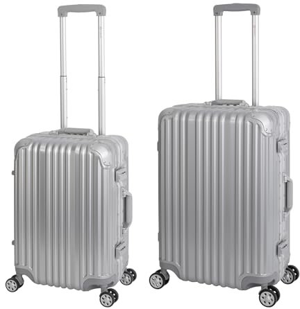Travelhouse London Koffer Silber S-55cm, M-65cm · 2er-Set · Aluminium-Rahmen · Polykarbonat Hartschale · Handgepäckkoffer + Reisekoffer Medium · Vol. S-44L · M-67L
