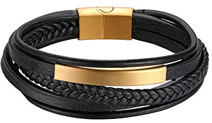 JewelryWe Lederarmband Herren Leder Armband: Schwarz Echtleder Edelstahl Ident-Armband mehrreihig handgemacht geflochten Manschette Armreif Wickelarmband mit Gold Gravurplatte Vintage Punk Schmuck