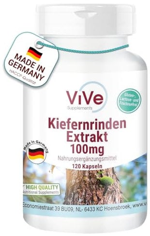 Kiefernrinden Extrakt 100mg - 120 Kapseln - Pinus Pinaster Atlantica - 95% Proanthocyanidine - Hochdosiert - Vegan | Qualität aus Deutschland von ViVe Supplements