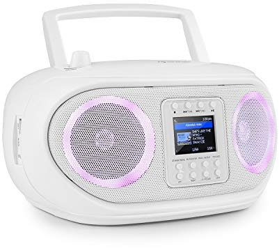 auna Roadie Smart Boombox - Radio Inteligente con Internet/Dab+ / FM, Reproductor de CD, Equipo estéreo, Puerto USB, MP3, Bluetooth, Entrada Auxiliar de 3,5 mm, iluminación LED en Color, Blanco