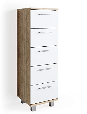 Vicco Badschrank Ilias, Badezimmerschrank mit Schubladen, Sonoma/Weiß, 30 x 95 cm