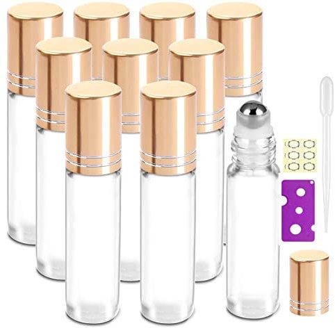 Alledomain 10Pcs, 10ml Transparent Essential Oil Roller Bottles Refillable Clear Glass Roll on Bottles with Stainless Steel Roller Balls & Golden Cap, Include Labels, Dropper & Opener