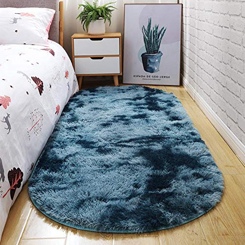 Faux Flauschiger Samt Moderne Teppich,Flauschige Innenteppiche,Einfacher moderner Teppich, Dicke ovale Bodenmatte-blau_80 × 160cm