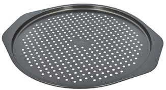 Birkmann, Laib & Seele, rundes, perforiertes Pizzablech Ø 28 cm, für knusprige Böden, aus hochwertigem Karbonstahl, Antihaftbeschichtung, mit seitlichen Griffflächen und Rezeptvorschlag, 210424