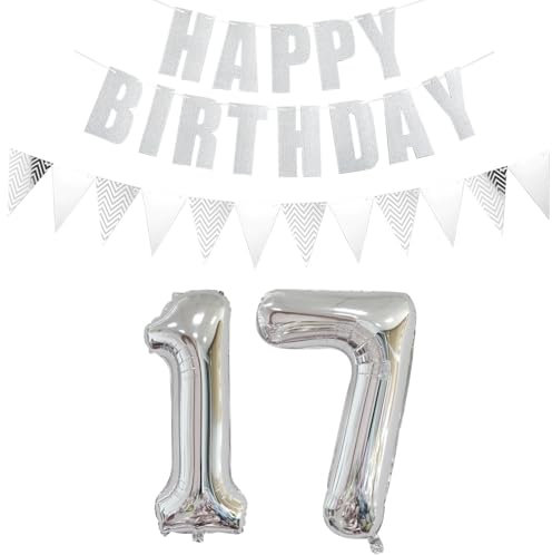 Luftballons Zahl 17 + Happy Birthday Girlande + banner Folienballon 17.Geburtstags deko Mädchen jungen Silber ballons 17 Jahre Geburtstag deko Zahlenballon 17 Geburtstag dekoration Mädchen junge(17)