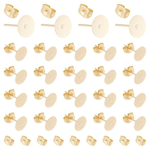 UNICRAFTALE Environ 30 pièces 8mm Doré Boucle D'Oreille Flat Pad Boucle D'Oreille avec Écrous D'Oreille 0.8mm Broche Clou Boucle D'Oreilles Acier Inoxydable pour Fabrication de Bijoux