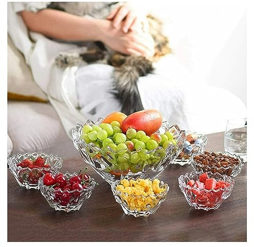 Khanary 7 Piece Glass Bowls Set Paris Decorative Round Glass Fruit Triffle Salad Bowls Trifle Dessert Bowls Sundae Ice Cream Crystal Look Dishes Appetiser Starter Prawn Cocktail Pudding