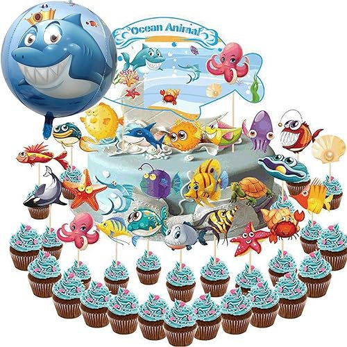 REDO 25 Stück Non-Repeat Kindergeburtstag Dekoration Geburtstagskuchen Topper Kuchendekoration Cupcake Dekoration Ozean Thema Kuchen Cupcake Dekoration Lieferungen Ozean
