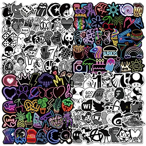 RGBEE Aufkleber 200 Stück, Wasserfeste Vinyl Sticker Set für Laptop, Koffer, Helm, Motorrad, Skateboard, Snowboard, Auto, Fahrrad, Graffiti Erwachsene Sticker Schwarz Weiss und Neon Aufkleber Decals