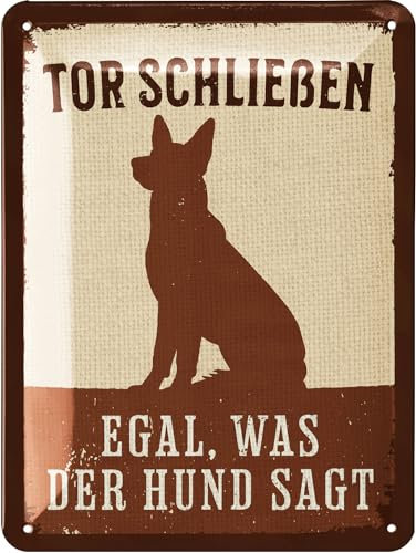 LANOLU Retro Blechschild Hund - TOR SCHLIEßEN EGAL WAS DER HUND SAGT - Hunde Deko Geschenke für Hundeliebhaber mit lustigem Spruch - Vintage Metallschild 15x20cm