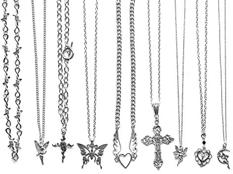 LIRUNQIN 9 Pcs Grunge Necklace Set Goth Cross Fairy Thorns Gothic Angel Heart Feather Chain Choker Necklace for Women Teen Girls, Zinc, No Gemstone