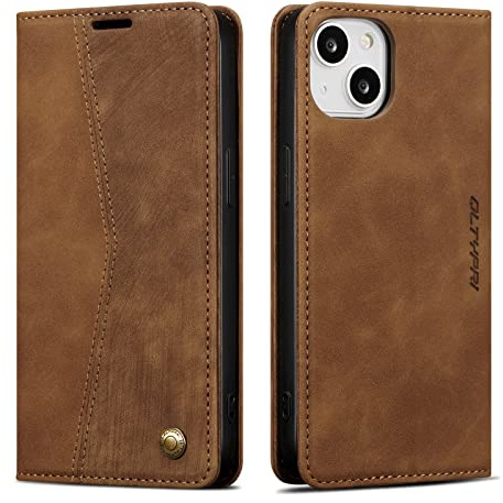 QLTYPRI Hülle für iPhone 13, Vintage Dünne Handyhülle mit Kartenfach Slot Ständer PU Ledertasche Klapphülle TPU Bumper Flip Schutzhülle Kompatibel mit iPhone 13 - Braune