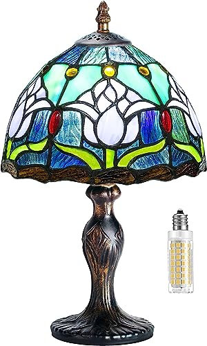 MIAOKE Tiffany Style Tischlampe, VintageTischlampe Handcraft Glasmalerei Lampenschirm Tischlampen für Schlafzimmer Nachttischlampe Arbeitszimmer Office (Blaue Tulpe)