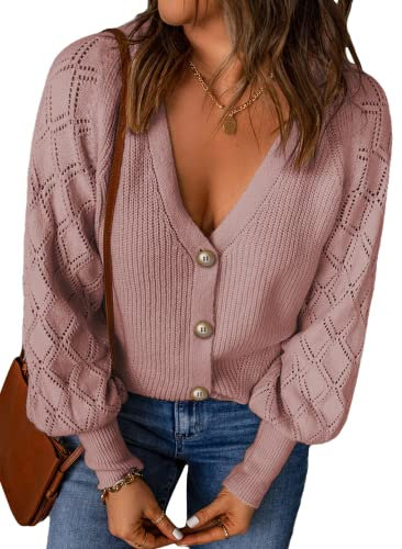 Dokotoo Strickjacke Damen V-Ausschnitt Cardigan Elegant Einfarbig Kurz Strickmantel Pullover Langarm Strickpullover Jacke für Herbst Winter, rosa, L