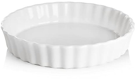 Sweejar Home Ceramic Pie Dish, 24cm Round Wavelet Fringe Pan for Baking, Non-Stick Plate for Pumpkin, Apple Pies (White)