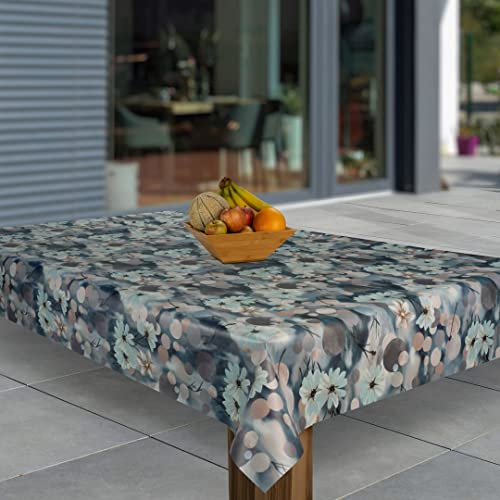 laro Wachstuch-Tischdecke Abwaschbar Garten-Tischdecke Wachstischdecke PVC Plastik-Tischdecken Eckig Meterware Wasserabweisend Abwischbar G03, Muster:Blume Blau Kreise Braun, Größe:110x160