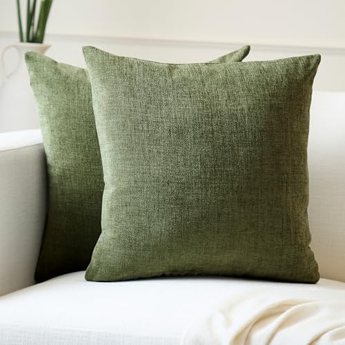 Encasa XO Chenille Kissenbezug, Sofa, ohne Füllung 45x45 cm | Moos, 100% Polyester | Versteckter Reißverschluss | Dekokissen & Zierkissen | Weich & Langlebig | 2er Set