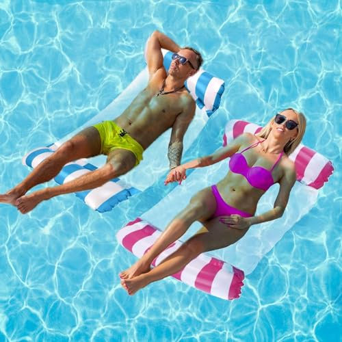 Yifmoo 2 Flotadores para Piscinas, Hamacas Inflables 4 en 1 con Bomba de Aire, Hamaca de 128 x 70 cm para Piscina, Hamaca de Agua para Adultos y Niños (Azul Claro y Rosa)
