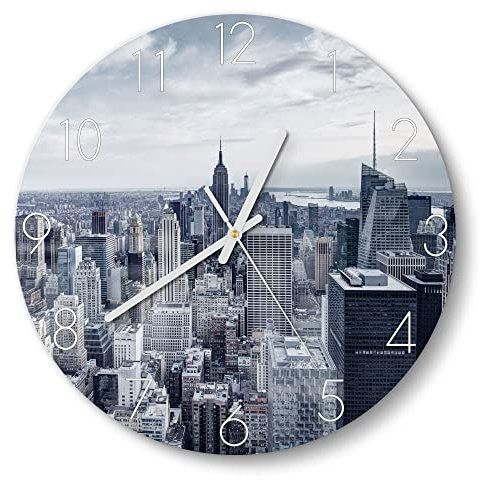 DEQORI Glasuhr | rund Ø 30 cm | Motiv Blaue Skyline New York | ausgefallene leise Design Uhr aus Glas | Wanduhr für Wohnzimmer & Küche | moderne Hingucker Uhr für die Wand