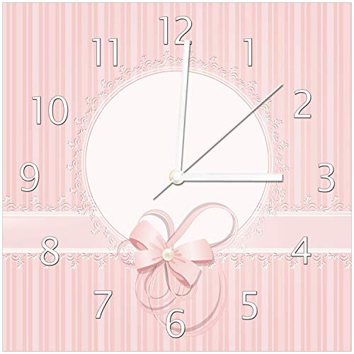 Wallario Design-Wanduhr Geschenkkarte, Bänder, Spitzen und Schleifen in rosa aus Glas, Motiv-Uhr Größe 30 x 30 cm, weiße Zeiger