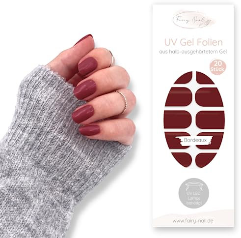 Fairy Nail UV Nagelfolien selbstklebende Gelfolien halb ausgehärtet 20 Stück Nailwraps Nagellackstreifen zum aufkleben (Dunkelrot)