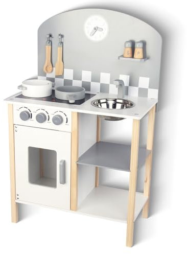 Holz Spiel Küche Set für Kinder Kleinkinder, Spielzeug Küche Geschenk für Jungen Mädchen, Alter 3+, Größe: 81x48x28cm (Graue Gitterküche)