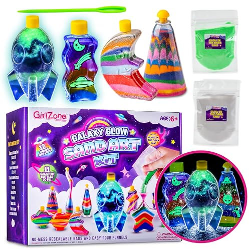 GirlZone Galaxy Glow Sand Art Kit, Sandkunst Set für Kinder mit farbigen Sand & Flaschen für Kinder Sand Kunst Set zum Selbermachen, Lustiges Bastelset für Kinder