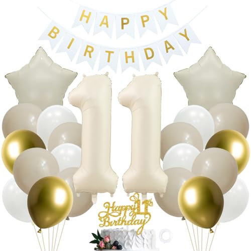 SNOWZAN 11. Geburtstag Deko für Mädchen und Jungen - Weiß Gold Party Set mit Kuchen Topper - 11th Birthday Decorations für 11 Jahre Geburtstagsdeko