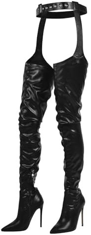 blingqueen Damen Overknees Chap Boots Stiletto Spitze Stiefel Reißverschluss Lederoptik Schwarz 41 EU
