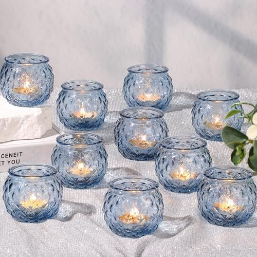 DARJEN Blaue Votivkerzenhalter, Set mit 24 runden Glaskerzenhaltern, Großpackung für Teelichter, Diamant-Textur-Kerzen, Votivkerzen für Hochzeit, Party und Heimdekoration