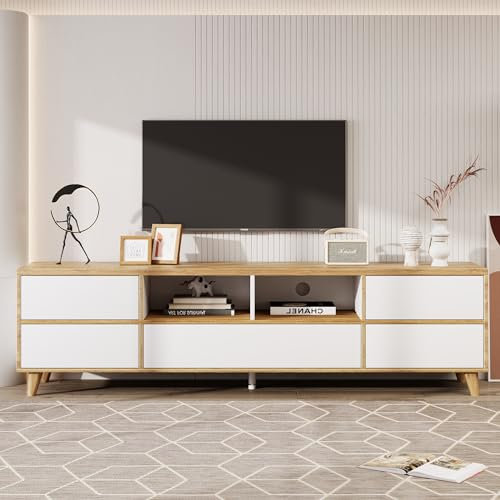 kubeier Mueble para TV Moderno Blanco, Mueble para TV Vintage de 175 cm con 5 Puertas, Soporte para TV para salón, Oficina, Compartimentos y Puertas en Estilo rústico Natural