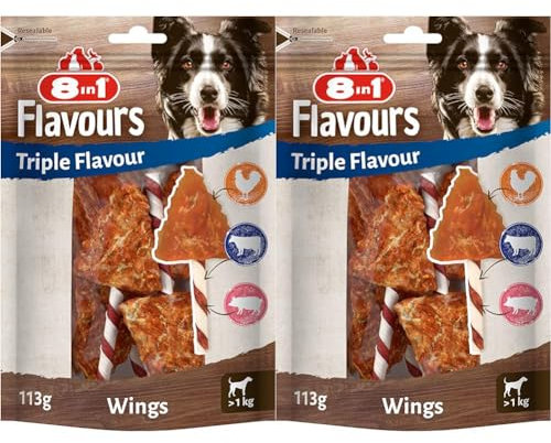 8in1 Triple Flavour Wings Kaustangen für Hunde - Kausnacks mit extra viel Fleisch, 113g Beutel (ca. 6 Stück) (Packung mit 2)