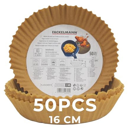 Fackelmann Bandeja de Papel para Freidora de Aire, Papel Air Fryer Redondo, Antiadherente y Resistente hasta 230ºC, Accesorios Freidora de Aire, 16x4,5 cm, 50 uds, Apto para Cosori, Cecotec y más