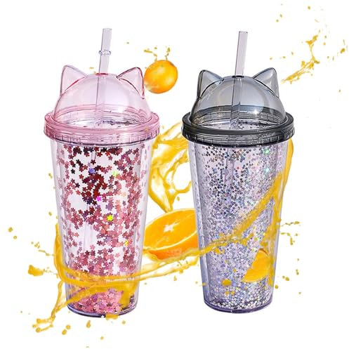 Bouteille d'eau pailletée avec Paille, 2Pcs Bouteilles d'eau pour Filles Tasse à Eau Double Couche Tasse à Boire Kawaii Bouteille d'eau pour l'extérieur et l'intérieur l'école et Les, Rose et Gris