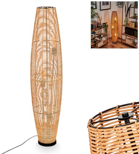 hofstein Mulstrand Lampadaire moderne en métal/rotin noir/naturel, lampe au design bohème abat-jour en grille, interrupteur marche/arrêt sur le câble et effet lumineux, 3 ampoules E27, sans ampoule