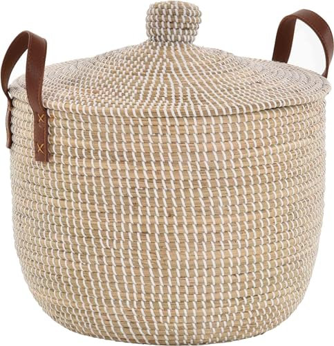 Handgearbeiteter Seegras Dekokorb mit Deckel zur Aufbewahrung Flechtkorb Korb Natur mit weißen Wicklungen Rund (Hell Natur, Rund mit Deckel Groß Ø44cm)