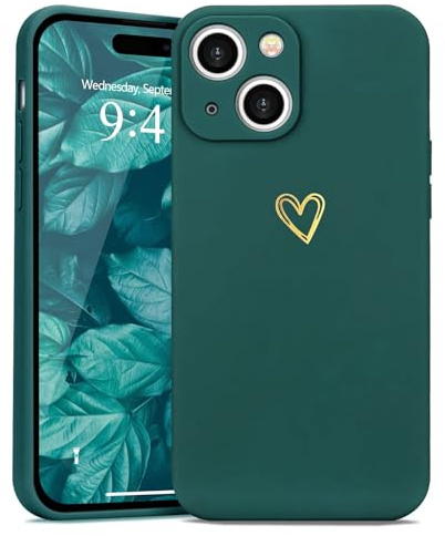 Wirvyuer Compatible avec iPhone 15 Plus Coque Motif Cœurs Dorés,Vert foncé | Housse Mignon avec Motif Coeur d'amour Doré, Antichoc Silicone Coque pour filles et femmes,Étui Protection Souple TPU Case