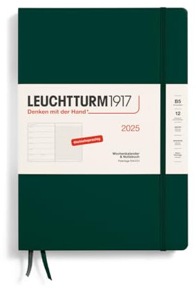 LEUCHTTURM1917 370481 Agenda settimanale e taccuino 2025, Composition B5, copertina rigida, 12 mesi, 80 g, a righe - Forest Green