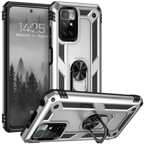LBH Outdoor Hülle für Xiaomi Redmi Note 10 5G Armor Militär Stoßfest Handyhülle 360 Grad Metal Ring Halter Ständer Schutzhülle für Handyhalterung Auto Magnet Silber