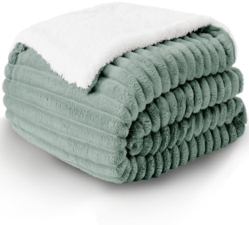 WAVVE Decke Sherpa Kuscheldecke Flauschig Grün - Extra Warme Dicke Weiche Grobe Kordecke Sofaüberwurf, Sofadecke Doppelgesicht, 220x240 cm XL Wolldecke Couchdecke Wohndecke