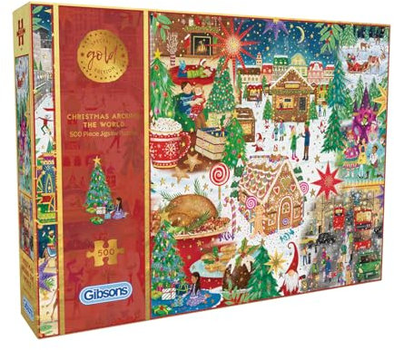 Gibsons Christmas Around The World 500 Piece Jigsaw Puzzle Special Gold Edition Winter Festive Spirit Shopping Christmas Tree Food Treats Sustainable Jigsaw Great Gift for Adults Teens Gibsons Games